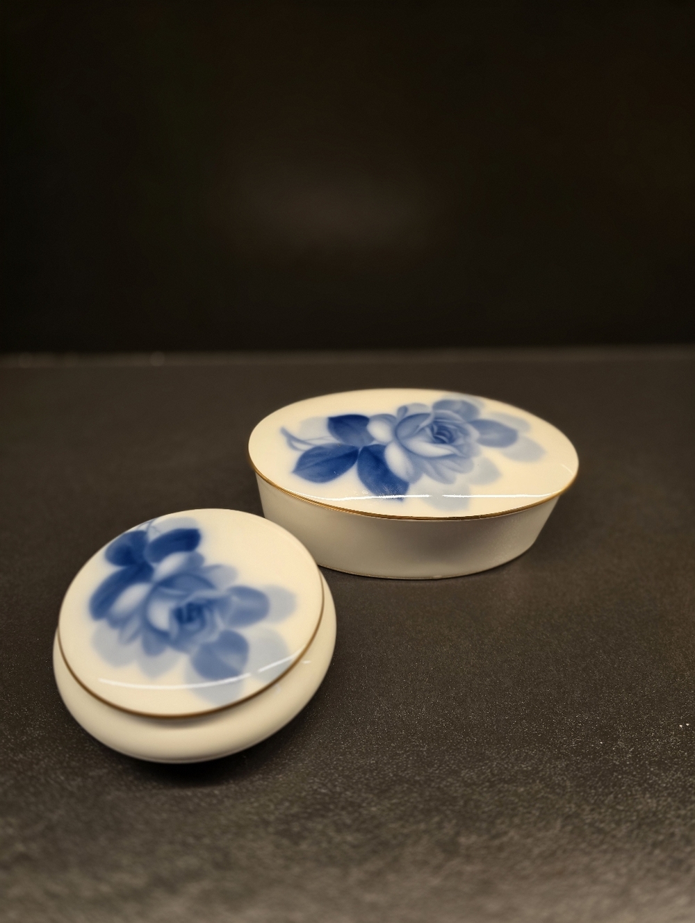 Vintage Okura Art China Porcelain Trinket Dishes Blue Rose Made In Japan